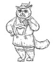 Cat Dressed In National Bavarian Clothes And Holding Beer Glass. Vintage Monochrome Hatching
