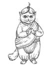 Cat Dressed In National Bavarian Clothes And Turban. Vintage Monochrome Hatching Illustration