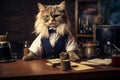 Cat dressed up like gentleman sitting at desk. Generative AI Royalty Free Stock Photo