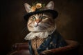 Cat Dressed In Vintage Clothes In Victorian Style, Portrait In The Style Of The 19th Century, . AI Generated Image.