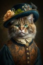 Cat Dressed In Vintage Clothes In Victorian Style, Portrait In The Style Of The 19th Century, Funny Cute Cat In Human Clothes. AI