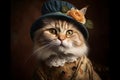 Cat Dressed In Vintage Clothes In Victorian Style, Portrait In The Style Of The 19th Century, AI Generated Image.