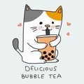 Cat drink bubble tea cartoon vector illustration doodle