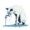 a cat drinking water from a faucet that is dripping from the faucet on the ground, with the cat\'s fa