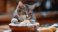A cat eating from a bowl of food in the kitchen, AI Royalty Free Stock Photo