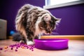 cat eating dry food from a purple bowl