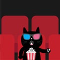 Cat eating popcorn in movie theater. Cute cartoon character. Film show Cinema background. Kitten watching movie in 3D glasses. Red Royalty Free Stock Photo