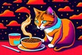 Cat Eating Ramen Vivid Illustration