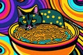 Cat Eating Ramen Vivid Illustration