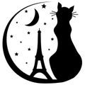 Cat With Eiffel Tower Silhouette Black And White Logo Illustration