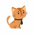 Cat in elegant tie flat vector illustration. Cute kitten in old fashioned costume cartoon character.