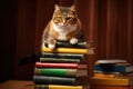 cat elongating its body on a stack of books Royalty Free Stock Photo