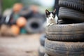 cat emerging from a pile of old tires near the farmhouse Royalty Free Stock Photo