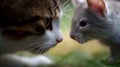 A cat engages in a tense staring contest with a mouse. Their eyes lock in a moment of suspense Royalty Free Stock Photo