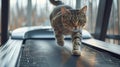 a cat engaging in physical activity, as it gracefully maneuvers on a treadmill, showcasing its agility and natural