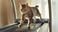 a cat engaging in physical activity, as it gracefully maneuvers on a treadmill, showcasing its agility and natural