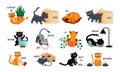 Cat in English prepositions. Cartoon cute cat near far above below behind and in front of cushion bowl with food and pot