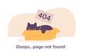 Cat error page. Asleep kitten in box with 404 sign, empty pages not found, computer internet trouble oops lost fail