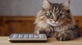 Cat Examining Calculator on Wooden Table Curious feline intently studies a calculator symbolizing financial planning problem