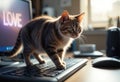 Cat exploring computer keyboard while sunlight fills the cozy room