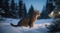 Striped Cat Gazing in Winter Wonderland at Snow and Illuminated Pine Tree Royalty Free Stock Photo