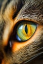 Cat eye. Eye of the tiger. Closeup of feline face with green eye and whiskers. Majestic jungle cat. Royalty Free Stock Photo