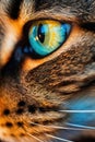 Cat eye. Eye of the tiger. Closeup of feline face with green eye and whiskers. Majestic jungle cat.