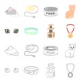 Cat eyes, a collar, a house for a cat, a medal on a ribbon.Cat set collection icons in cartoon,outline style vector Royalty Free Stock Photo