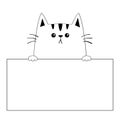 Cat face head silhouette hanging on paper board template. Paw hands. Contour line. Funny baby kitten. Cute cartoon kitty character