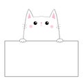 Cat face head silhouette hanging on paper board template. Pink cheeeks. Paw hands. Contour line. Funny baby kitten. Cute cartoon k