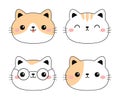 Cat face icon set. Kitten head in glasses, sleeping, happy kitty. Line contour silhouette icon. Funny kawaii smiling doodle animal