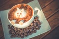 White cup of coffee latte with cute cat shape latte art milk foam on wood table Royalty Free Stock Photo