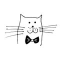 Cat face vector illustration, hand drawn sketch cat with bow Royalty Free Stock Photo