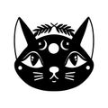 Cat face witch mystic.Animal head isolated in white background.Wiccan esoteric boho kitten.V