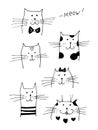 Cat faces vector illustration, cats collection with text Meow