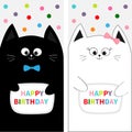 Cat family couple with bow. Flyer poster set. Cute funny cartoon character. Happy Birthday. Greeting card. Flat design. White back Royalty Free Stock Photo