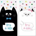 Cat family couple with bow. Flyer poster set. Cute funny cartoon character. Its a boy girl. Baby shower greeting card. Flat design Royalty Free Stock Photo