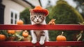 cat in a fence A mischievous kitten with a cheeky grin, balancing on a red fence in a garden, sporting a comically hat