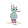 Cat in festive hat sitting in gift box. Cat with party horn.Vector illustration.