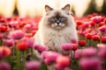 Ragdoll cat in field of pink and red tulip spring flowers Royalty Free Stock Photo