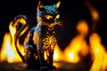 Cat figurine sitting on top of table next to fire. Generative AI Royalty Free Stock Photo