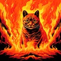 Cat on fire. Angry catr meme. pop art firey cat design