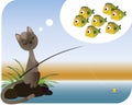 Cute cartoon cat catches a fish with a fishing rod Royalty Free Stock Photo