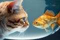 A cat and a fish in an aquarium look at each other