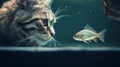 A cat and a fish looking at each other, AI
