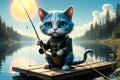 The cat is fishing on a beautiful big lake. Royalty Free Stock Photo