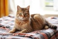 a cat with a flea collar sitting on a clean blanket Royalty Free Stock Photo