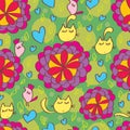 Cat flower bird seamless pattern Royalty Free Stock Photo