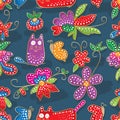 Cat flower butterfly Batik style modern seamless pattern Royalty Free Stock Photo