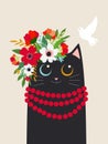 A March Ukrainian cat with spring flowers on his head and beads whimsically watches a dove